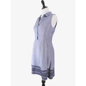 Tahari Size 4 Linen Sleeveless Shirt Dress Collared Embroidered Blue